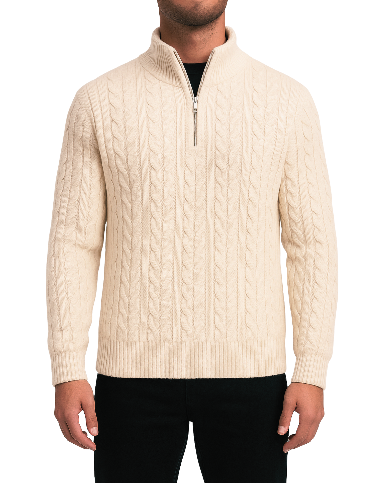 Beige Cable Knit Quarter Zip